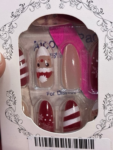 Condition photo showing New/Like New for Christmas Press on Nails - Medium Almond Red Cat Eyes Fake Nail French Tip with Snowflake Santa Claus Stick on Nails, Glue on Acrylic False Nails Xmas New Year Party for Women Girls 12 Sizes - 24Pcs