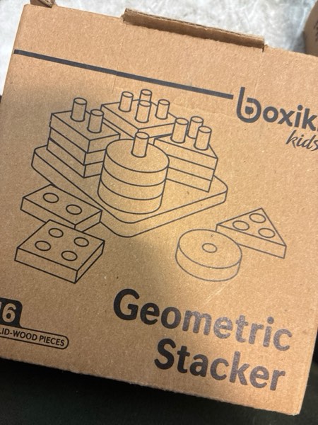 Condition photo showing New/Like New for Boxiki kids Montessori Puzzles for 1 2 3 Year Old Boys, Girls & Toddlers - Wooden Shape Sorter & Stacking Toy, Enhances Brain Activity, Helps Color Recognition, & Activates Motor Skills. Geometric 4 - Shapes