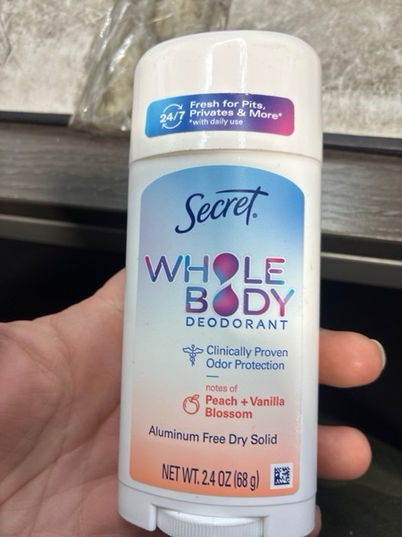 Condition photo showing New/Like New for Secret Whole Body Deodorant Stick for Women, Peach & Vanilla Scent, Aluminum Free Deodorant Stick, 72 HR Odor Protection, 2.4 oz Peach & Vanilla Blossom 2.4 Ounce (Pack of 1)
