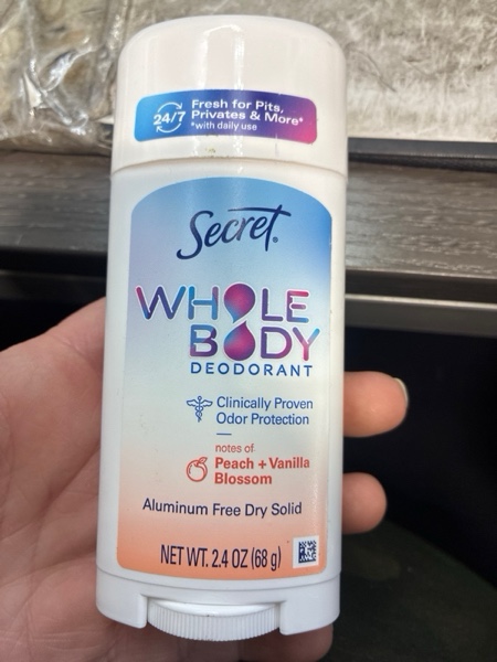 Condition photo showing New/Like New for Secret Whole Body Deodorant Stick for Women, Peach & Vanilla Scent, Aluminum Free Deodorant Stick, 72 HR Odor Protection, 2.4 oz Peach & Vanilla Blossom 2.4 Ounce (Pack of 1)