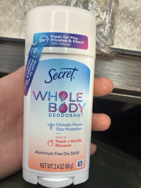 Condition photo showing New/Like New for Secret Whole Body Deodorant Stick for Women, Peach & Vanilla Scent, Aluminum Free Deodorant Stick, 72 HR Odor Protection, 2.4 oz Peach & Vanilla Blossom 2.4 Ounce (Pack of 1)