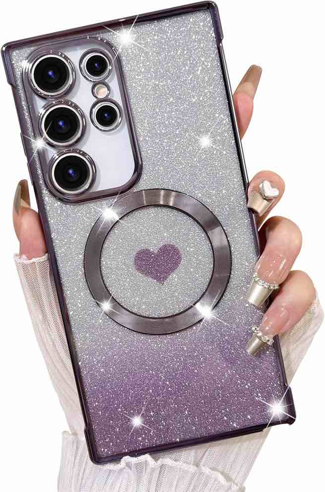 Fiyart Designed for Samsung Galaxy S24 Ultra Case,Compatible with MagSafe Love Heart Plating Camera Protection Clear Phone Case, Magnetic Glitter for Women Girls Protective Cover 6.8"-Purple