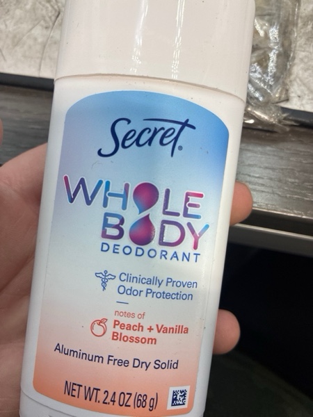 Condition photo showing New/Like New for Secret Whole Body Deodorant Stick for Women, Peach & Vanilla Scent, Aluminum Free Deodorant Stick, 72 HR Odor Protection, 2.4 oz Peach & Vanilla Blossom 2.4 Ounce (Pack of 1)