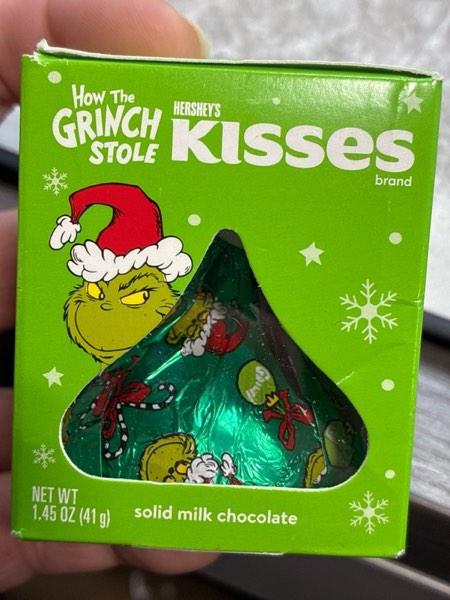 Condition photo showing New/Like New for HERSHEY'S KISSES Christmas Grinch Solid Milk Chocolate Candy - 1.45oz