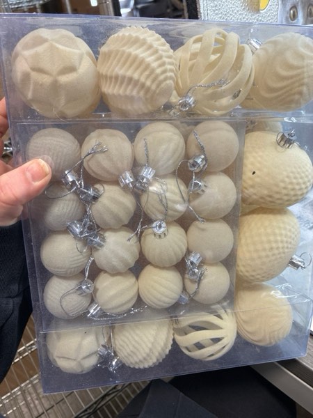 Condition photo showing New/Like New for 48PCS Cream Velvet Christmas Ornaments,Shatterproof Flocked Assorted Christmas Ornaments for Xmas Tree Decorations Beige