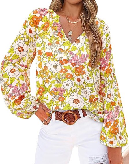 LA BAIESO Womens Long Sleeve Shirts V Neck Floral Print T-Shirt Smocked Ruffle Tunic Tops Dressy Casual 2025 Fall Blouse Medium Pink Blue Floral