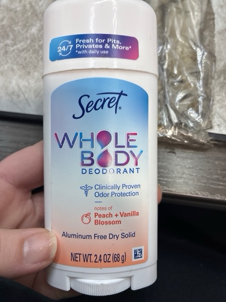 Condition photo showing New/Like New for Secret Whole Body Deodorant Stick for Women, Peach & Vanilla Scent, Aluminum Free Deodorant Stick, 72 HR Odor Protection, 2.4 oz Peach & Vanilla Blossom 2.4 Ounce (Pack of 1)