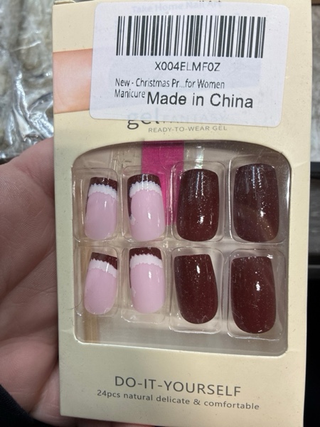 Condition photo showing New/Like New for Christmas Press on Nails Medium Square Fake Nails Wine Red False Nails with Glitter Design Christmas Hat French Tip Glue on Nail Glossy Full Cover Acrylic Nude Stick on Nail for Women Manicure Style04 Christmas Short