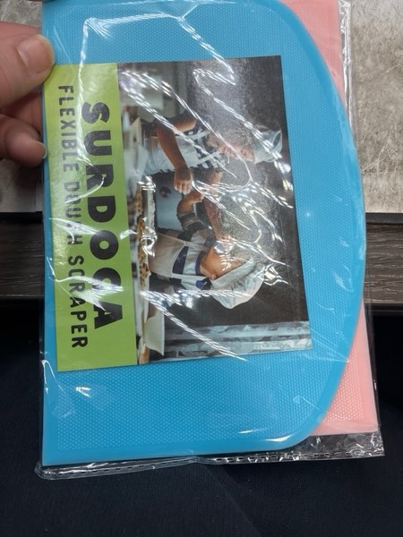 Condition photo showing New/Like New for SURDOCA Dough Bench Scraper - 3P 7.1x4.9" Plastic Flexible Bowl Scraper, Sharp Edge & Angles Cake Scraper. Non-Slip Bakeware Decorating Tools Sculpting & Modeling Tools - Blue+Pink+Blue 18x12.5cm/7.1x4.9'' Blue+Pink+Blue