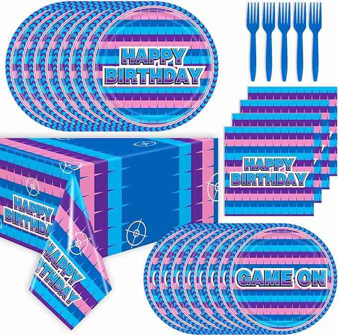 Video Games Party Tableware Supplies Set, 40 Plates and 20 Napkins 20 Forks And Tablecovers, Video Games Theme Party Baby Shower Birthday Decorations