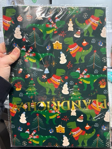 Condition photo showing New/Like New for PlandRichW Dinosaurs Christmas Wrapping Paper - 6 Jumbo Xmas Sheets 28"x40" with Santa - Hat Dinosaurs, Festive Trees & Snowman Patterns - Holiday Gift Wrap for All Ages, Easy - Storage Flat Sheets Christmas - Green Dinosaurs