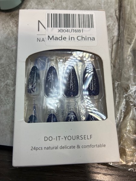 Condition photo showing New/Like New for 24 Christmas Patch Nails-Glitter Snowflake Blue Silvery Gradient Fake Nails-Medium Almond-Easy to Wear for Christmas and Party-Women's Christmas Nail Decoration