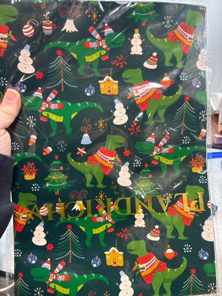 Condition photo showing New/Like New for PlandRichW Dinosaurs Christmas Wrapping Paper - 6 Jumbo Xmas Sheets 28"x40" with Santa - Hat Dinosaurs, Festive Trees & Snowman Patterns - Holiday Gift Wrap for All Ages, Easy - Storage Flat Sheets Christmas - Green Dinosaurs