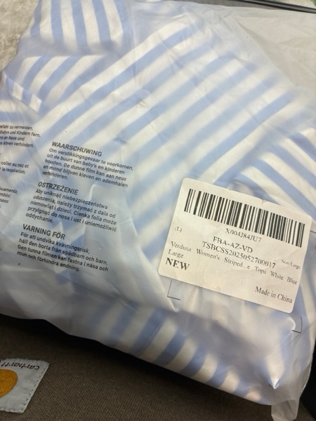 Condition photo showing New/Like New for (Large) Verdusa Women's Striped Print Button Down Shirts Long Sleeve Collared Loose Blouse Tops Small White Blue