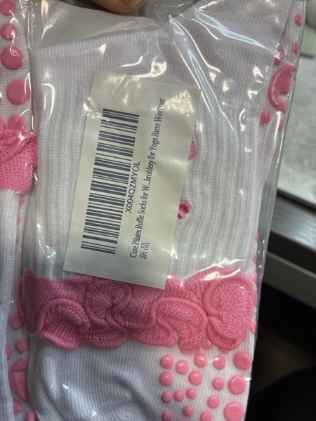 Condition photo showing New/Like New for Cute Pilates Ruffle Socks for Women, Grippy Non-Slip Crew Socks with Embroidery for Yoga Barre Workout Pink