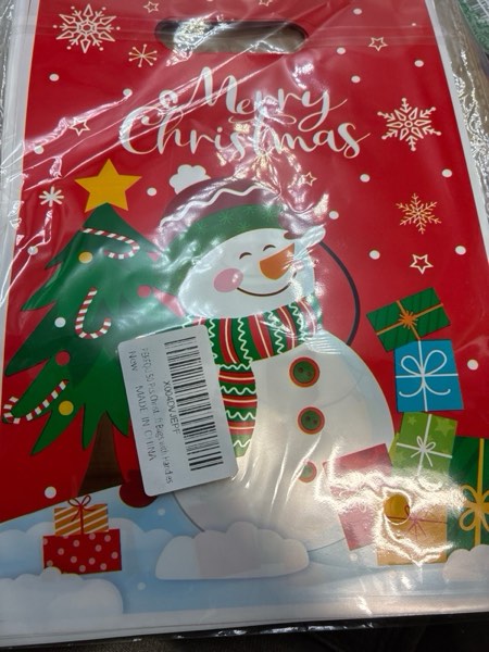 Condition photo showing New/Like New for 50 Pcs Christmas Gift Bags with Handles - Merry Christmas Goodie Bags, Cute Snowman Plastic Treat Candy Goody Cookie Snack Favor Tote Bag for Winter Xmas Holiday Christma Party Favors Supplies Christmas Red