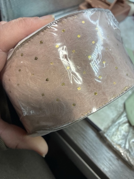 Condition photo showing New/Like New for HUIHUANG Rose Gold Christmas Ribbon Wired Faux Fur Ribbon with Gold Polka Dot, for Christmas Trees, Bows, Wreaths, Garlands, Gift Wrapping, Home Decor- 2-1/2" X 10 Yards Rose Gold/Gold Polka Dot 2-1/2"