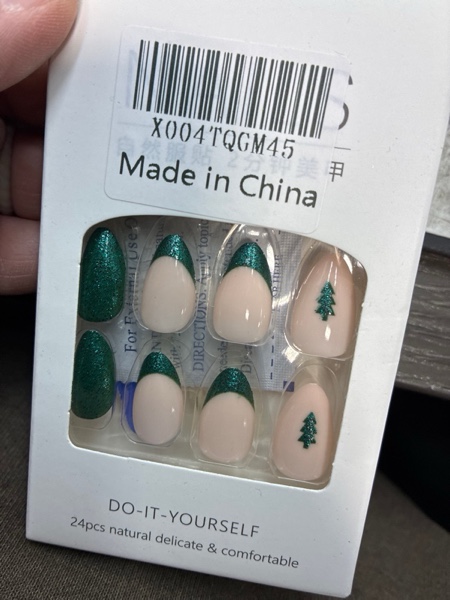 Condition photo showing New/Like New for 30 Pcs Almond Medium Press on Nails Christmas Glitter Green Nails Press Ons Full Cover Acrylic French Tip Fake Nails Glossy with Christmas Tree Design Winter Christmas Stick on Nail for Women Styl 39