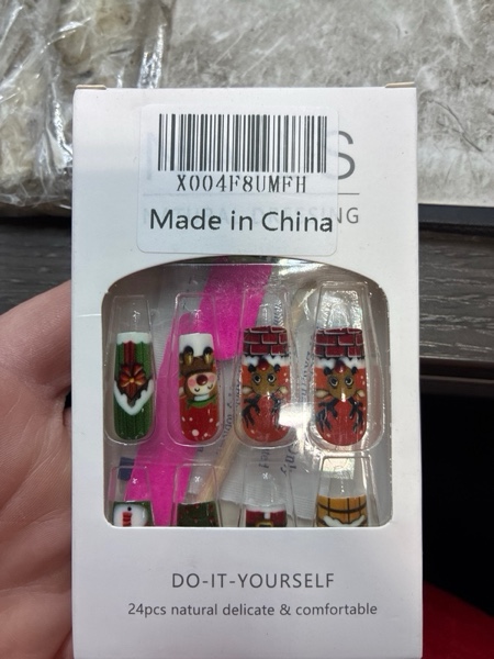 Condition photo showing New/Like New for Christmas Press On Nails Medium Coffin, 24pcs Fake Nails Santa, Elf, Reindeer Design Stick Glue On Nails With Adhesive Tabs, Holiday Nail Art Kit for Party and Daily Wear