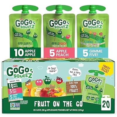 gogo squeez applesauce and fruit puree variety pack, apple, banana & strawberry, 3.2 oz pack of 20, unsweetened fruit snacks for kids, gluten free, nut free, bpa free pouches packaging may vary