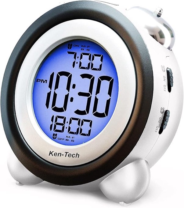 sonnet twin bell digital alarm clock - very loud alarm clock for heavy sleepers and the hearing impaired. battery operated dual alarm blue backlight for teens and senior citizens by ken-tech - white