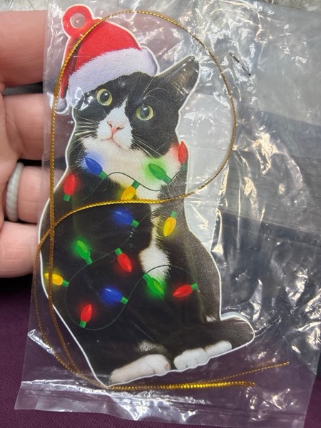 Condition photo showing New/Like New for Tuxedo Cat Christmas Acrylic Ornament – Black and White Cat Ornament, Customizable with Name - Easily Add Name with Marker (Marker Not Included)