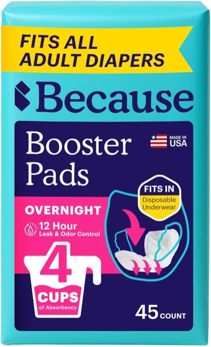 because overnight booster pads fit all adult diapers, helps keep your adult diaper active all night, adds 4 cups to incontinence underwear, extra absorbency, 45 count