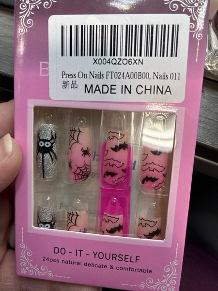 Condition photo showing New/Like New for Halloween Press on Nails Long Square Fake Nails Pink Artificial Nail with Spider and Spider Web Designs Glitter Stick on Nail for Women 24pcs S-11