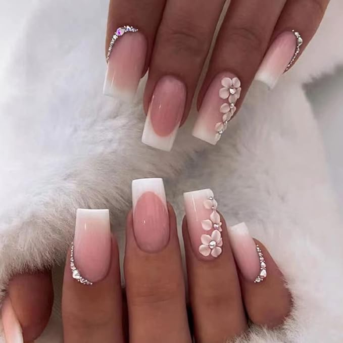 24 pcs french tip press on nails medium cewewp square shaped fake nails pink gradient nail with diamonds glue on nails white flower design acrylic false nails for women or girl manicure
