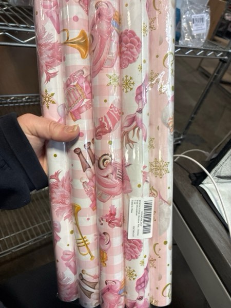 Condition photo showing New/Like New for FINGOOO 17 Inch Pink Christmas Wrapping Paper, 5 Mini Rolls Assorted Xmas Patterns Pink Gift Wrap Paper 70 Sq.Ft. for Holiday Party Decoration