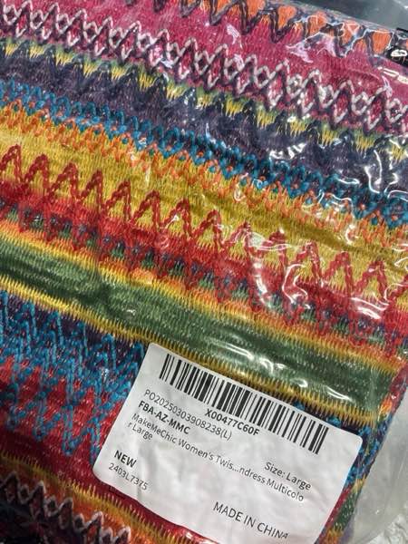 Condition photo showing New/Like New for (Large) MakeMeChic Women's Twist Strapless Bandeau Tube Dress Geo Striped Sleeveless Long Bodycon Sundress Large Multicolor