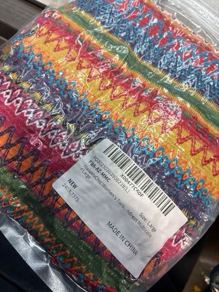 Condition photo showing New/Like New for (Large) MakeMeChic Women's Twist Strapless Bandeau Tube Dress Geo Striped Sleeveless Long Bodycon Sundress Large Multicolor