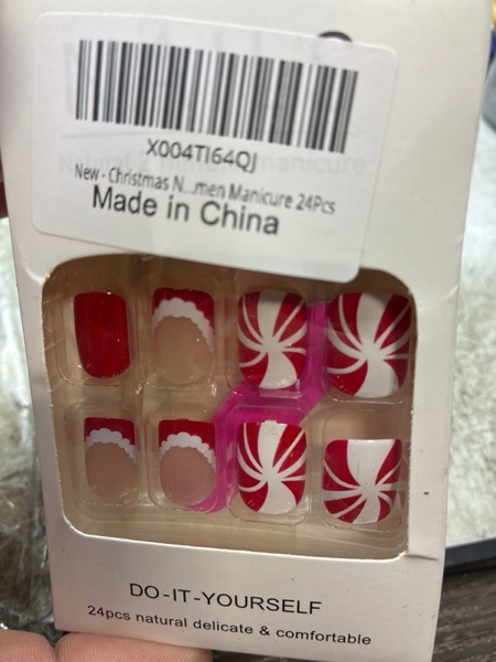 Condition photo showing New/Like New for Christmas Nails Press ons Red Fake Nail French Tip Glue on Nails with Candy Design Short Square False Nail Glossy Full Cover Artificial Acrylic Xmas Stick on Nail for Women Manicure 24Pcs Designs red green french tip