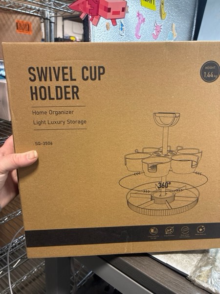 Condition photo showing New/Like New for MEGAPUXIN Rotating Coffee Bar Accessories Organizer, 2-Tier Lazy Susan Cup Holder for Stanley 40oz Tumbler with Handle, Countertop Drying Rack Station with Divided Tray for K-Cups, Snacks & Mugs Titanium Gray