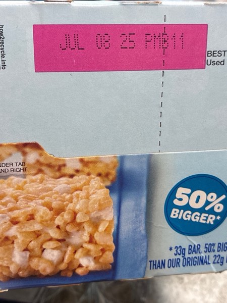 Condition photo showing As Is for Rice Krispies Treats Homestyle Crispy Marshmallow Squares, Kids Snacks, Cereal Bars, Original, 6.98oz Box (6 Bars) (BB Jul 8, 2025)