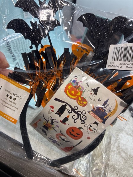 Condition photo showing New/Like New for IncreDecor Halloween Pumpkin Headband Glitter Orange Hair Bands with Cute 3 Sheet Pumpkin Devil Tattoo Accessories for Women Orange Bats Standard