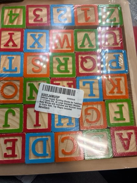 Condition photo showing New/Like New for Building Blocks for Toddlers 1-3 Years Old, 30 Large Stackable Wooden Baby Blocks with Alphabet and Number Icons on Every Side, Toy Wagon Included 30 Blocks + Wagon
