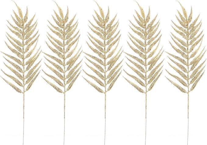 NUOBESTY 5Pcs Christmas Glitter Leaves Glitter Flower Picks Gold Vase Bottle Filler Frozen Pine Leaves Spring Festival Winter Home Vase Decor Golden