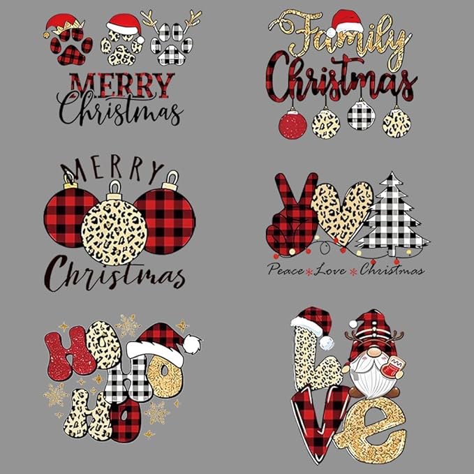 6 Sheets Christmas Iron On Transfers for Tshirts Santa Tree Santa Hat Black Red Xmas Appliques Christmas Iron On Transfer for Clothing Pillow Backpack Apron DIY Iron On Transfers Art Deco01