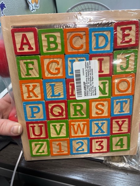 Condition photo showing New/Like New for Building Blocks for Toddlers 1-3 Years Old, 30 Large Stackable Wooden Baby Blocks with Alphabet and Number Icons on Every Side, Toy Wagon Included 30 Blocks + Wagon