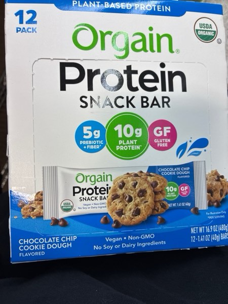 Condition photo showing New/Like New for Orgain Organic Vegan Protein Bars, Chocolate Chip Cookie Dough - 10g Plant Based Protein, Low Calorie Healthy Snacks, No Lactose or Soy Ingredients, Gluten Free, Non-GMO - 1.41 Oz (Pack of 12) (Bb 02/26/2026)