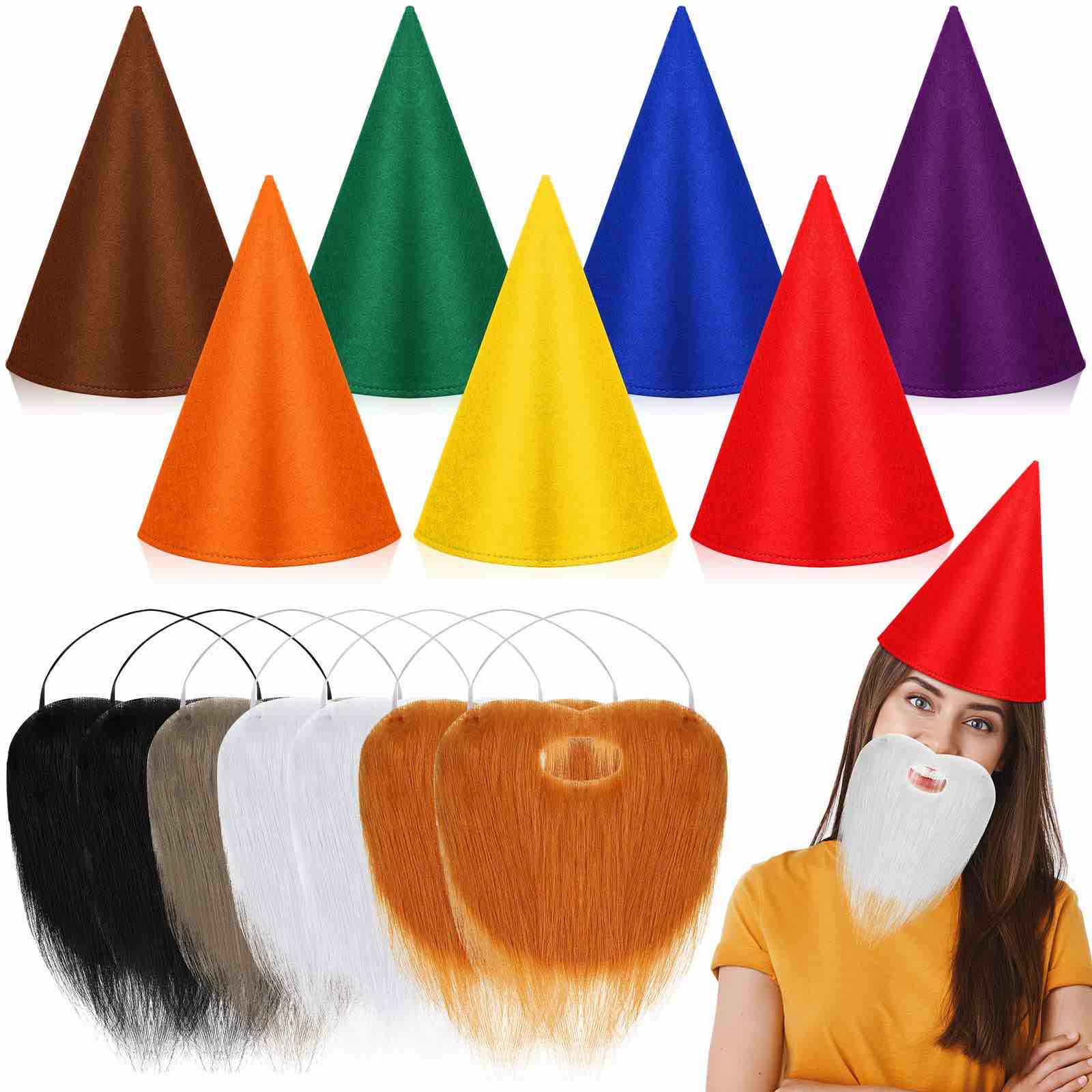 Tudomro 14 Pieces Gnome Dwarf Costumes Includes Gnome Hats and Fake Mustache, Colorful Dwarf Hats and Beards Halloween Dwarfs Costumes for Adult Kids Funny Party Accessories