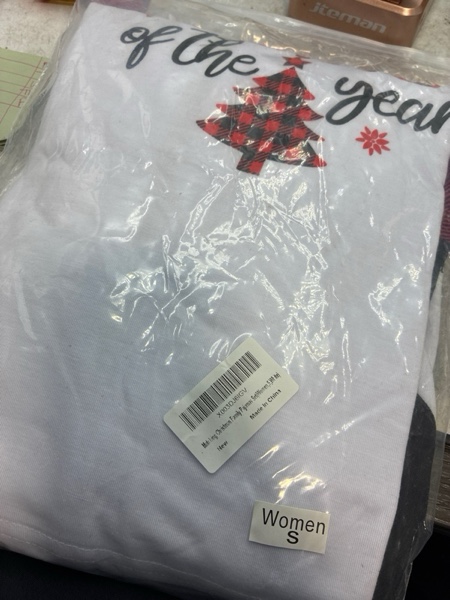 Condition photo showing New/Like New for Matching Christmas Family Pajamas Set, Holiday Cute Letter Print Top and Plaid Pants Xmas Pjs Set for Women, Men, Kids, Couples, Festival Funny It’s The Most Wonderful Time of The Year Letter Print Plus Size Sleepwear (Women, S ,White Time)