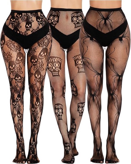 3 Pairs Goth Tights for Women - Black Skull Spider Fishnet Leggings Sheer Mesh Stockings Halloween Rave Costume