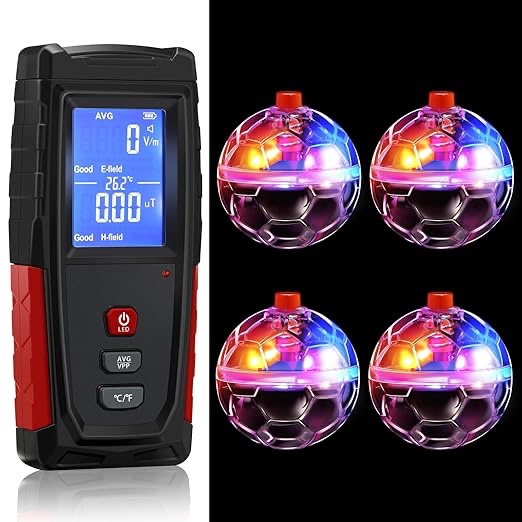 Relaxweex Ghost Hunting Equipment Kit Includes 1 Pcs Emf Detector 4 Pcs Light up Motion Activated Cat Balls, Home and Office Emf Detection Emf Meter LED Cat Balls for Outdoor Pet Cat Dog