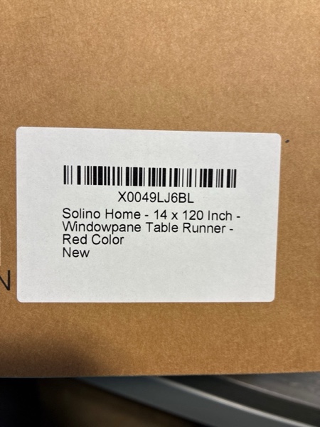 Condition photo showing New/Like New for Solino Home Linen Plaid Table Runner 60 Inches - 100% Pure Linen Windowpane Red Short Table Runner 14 x 60 Inch Ideal for Dresser and Coffee Tables - Valentines Red 14 x 60 Inch