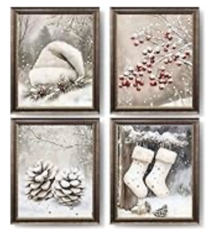 XUNLURY Farmhouse Christmas Winter Wall Art Prints Unframed Set of 4, Rustic Winter Wall Decor, Snowy Christmas Cat Bunny Berry Pinecone Artwork Pictures for Home Living Room Bedroom, 8x10