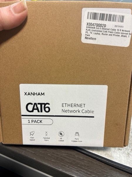 Condition photo showing New/Like New for Cat 6 Ethernet Cable 15 ft Network RJ45 Unshielded Cat6 Patch Cable Internet for PC, TV, Laptop, Router and Printer, Black, 1 Pack