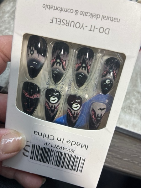 Condition photo showing New/Like New for Halloween Stick on Nails Medium Almond Press on Nails Black French Glue on Nails Bat Fake Nail The Day of Dead False Nail Glossy Shiny Full Cover Artificial Acrylic Nail Kit for Women Girl 24Pcs New Pattern-15