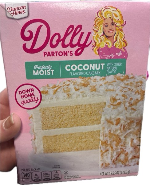 Condition photo showing New/Like New for Duncan Hines Dolly Parton's Favorite Coconut Flavored Cake Mix, 15.25 oz. (BEST BY: MAR 07 26)